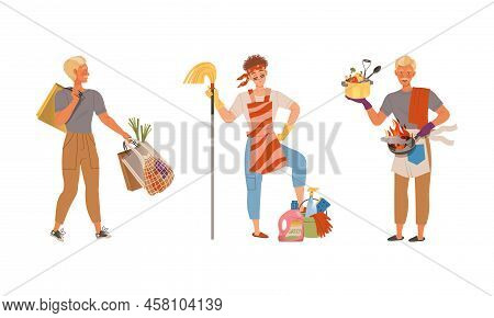 Househusband In Everyday Routine. Man Carrying Bags With Grocery Products, Cooking And Cleaning Home