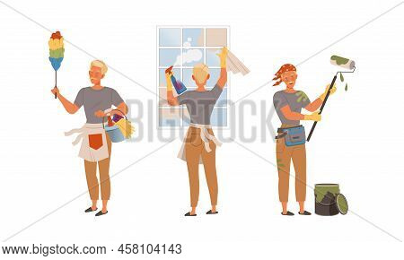 Househusband In Everyday Routine. Man Painting Wall With Roller Paint, Wiping Dust, Washing Window V