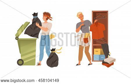 Househusband At Everyday Routine. Man Putting Clothes At Wardrobe And Throwing Plastic Bag Into Tras