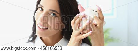 Portrait Of Woman Person Shake Piggybank In Hope To Get Money Of It. Pretty Woman Saved For Future P