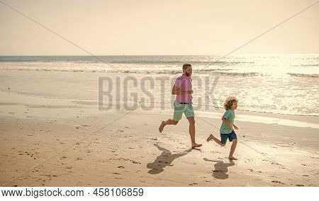 Daddy And Child Family Running On Summer Beach, Copy Space, Family Vacation
