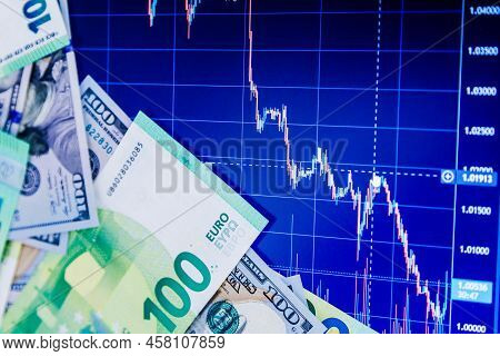 Us Dollar And Euro Banknotes Over Digital Screen With Real Life Exchange Chart, Usd Eur Parity Conce