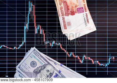 Us Dollar And Russian Ruble Banknotes Packs Over Digital Screen With Real Life Exchange Chart, Usd R