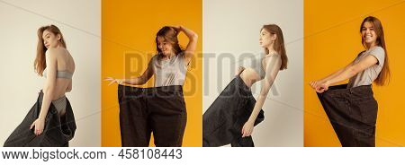 Collage Made Of Images Of Young Beautiful Women With Perfect Body Shapes In Oversize Jeans Isolated 