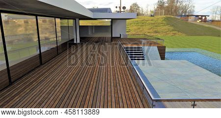 Wooden Terrace Of Flat Roof High Tech House. Swimming Pool And Hilly Field. 3d Render. Good Picture 