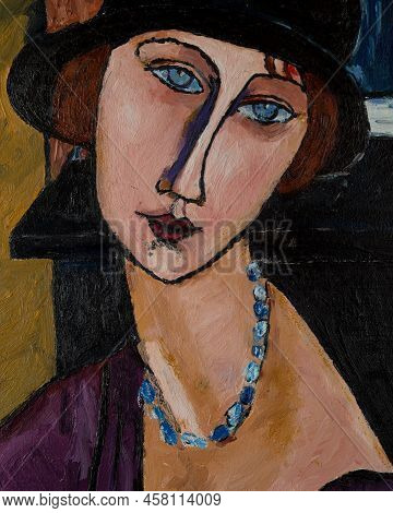 Portrait Of A Girl In A Hat. Beautiful Oil Painting On Canvas. Based On The Magnificent Painting By 
