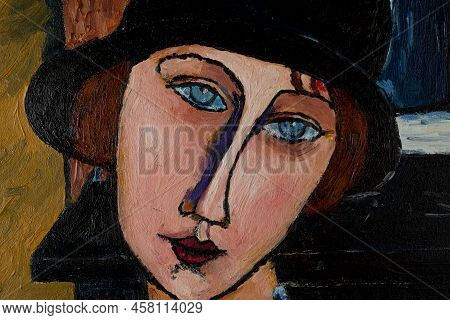 Portrait Of A Girl In A Hat. Beautiful Oil Painting On Canvas. Based On The Magnificent Painting By 