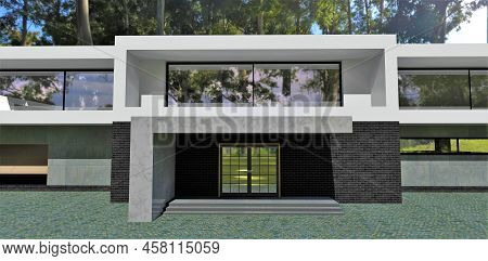 Flat Roof High Tech Building In A Forest. Entranse To The House. Black Bricks, Concrete And Gray Mar