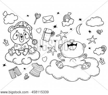 Set Of Cute Panda. Characters Joyful Panda And In Pajamas On Cloud, Gifts, Stars And Rainbow, Candy,