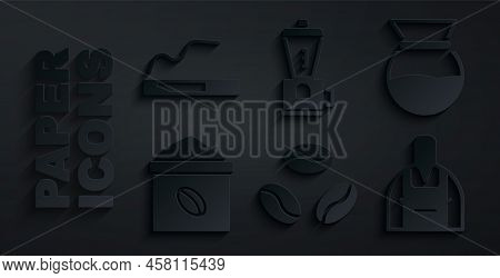 Set Coffee Beans, Pour Over Coffee Maker, Bag, Barista, Electric Grinder And Cigarette Icon. Vector
