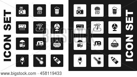 Set Wooden Beer Mug, Tropical Palm Tree, Air Conditioner, Photo Camera With Flash, Electric Fan, Jel