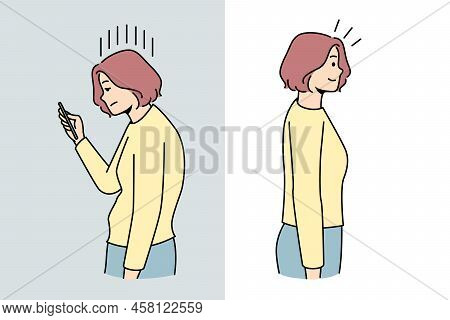 Woman With Smartphone Bad Posture Compared With Good Posture. Back Problems. Healthcare And Medicine