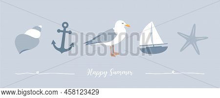 Happy Summer Holiday Banner Design With Gull Sailing Boat Shell And Anchor