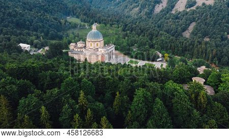 Aerial View Of The Sanctuary Of Oropa, Roman Catholic Building In The Biellese Alps, Northern Italy.