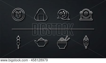 Set Line Chinese Yuan Currency, Meatballs On Wooden Stick, Gong, Asian Noodles Bowl, Tea Ceremony, S