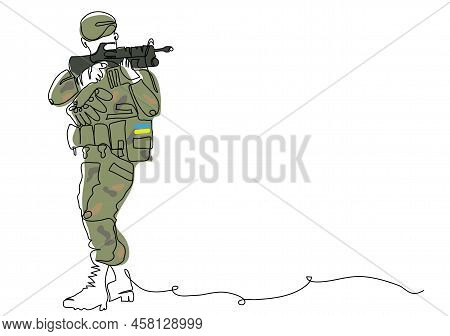 Ukrainian Soldier In Full Growth With Weapon In Khaki Military Form Of Armed Forces. Vector Illustra