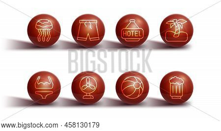 Set Line Jellyfish, Swimsuit, Tropical Palm Tree, Beach Ball, Electric Fan, Swimming Trunks, Wooden 