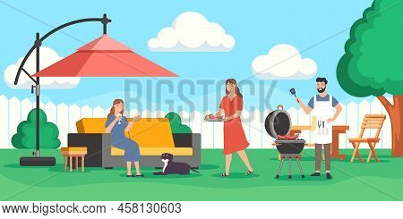 Family Party With Barbecue. Man Grilling Sausages Outdoor. Wife Serving Dinner To Female Friend. Gir