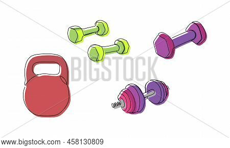 Fitness Colored Set With Kettlebell One Line Art. Continuous Line Drawing Of Sport, Strength, Power,