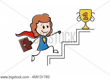 Cartoon Businesswoman Runs Up The Stairs As A Superhero. Golden Victory Reward Cup Standing On Winne