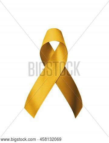 Childhood Cancer Awareness With Gold Ribbon Isolated On White Background With Clipping Path. Golden 