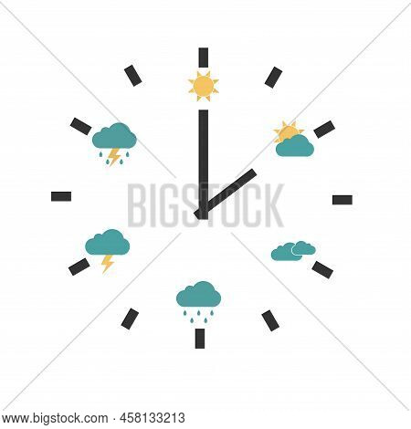 Clock With Day Night Concept Clock Face Vector Illustration. Blue Sky With Clouds And Sun. Moon And 