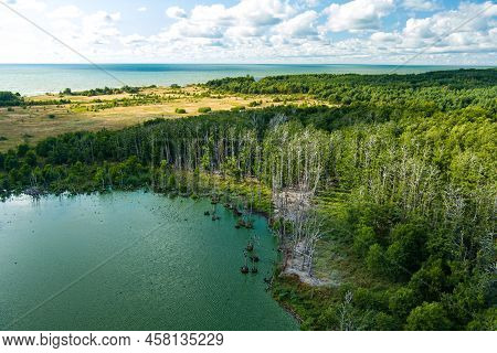 Beautiful Aerial View Of Lake Plaze In Klaipeda District, Where Bird Lovers Can Watch The Lake's Wat