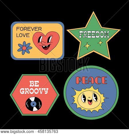 Retro Cartoon 70s Stickers Collection. Illustration In Flat Style.