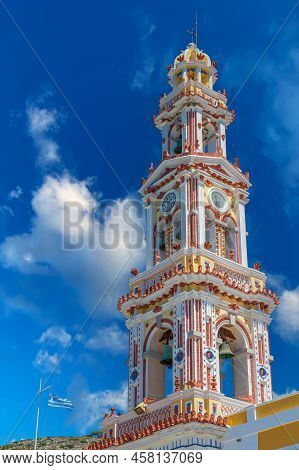 Bell Tower Of The Monastery Of St. Archangel Michael Of Panormitis.greek Orthodox Monastery Dedicate