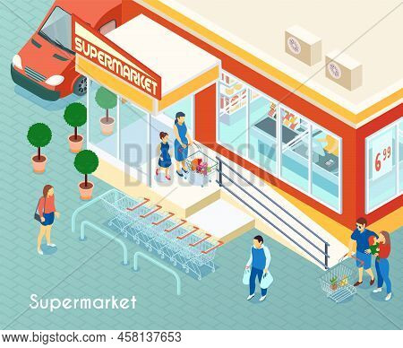 Supermarket Outdoor Isometric Background With Buyers Leaving Shop Building With Purchases Vector Ill