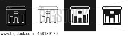 Set Browser With Stocks Market Growth Graphs And Money Icon Isolated On Black And White Background. 