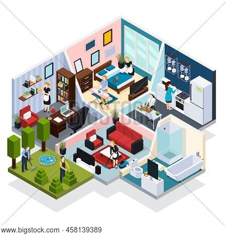 Home Staff Performing Routine Work Indoor And Outdoor With Maid Gardner Chef Isometric  Vector Illus