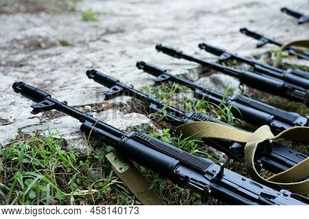 Lugansk; Ukraine - July 7; 2022 Kalashnikov Assault Rifle On The Ground. Special Military Operation 