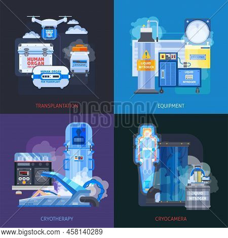 Cyogenic Crionics Transplantation Flat 2x2 Design Concept With Compositions Of Cryotherapy Medical E