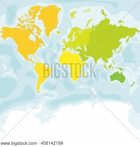 Map Of World Continents - North America, South America, Africa, Europe, Asia And Australia. Mercator