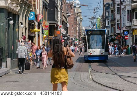 Amsterdam, The Netherlands - 23 June 2022: Gvb Tram On Leidsestraat Street