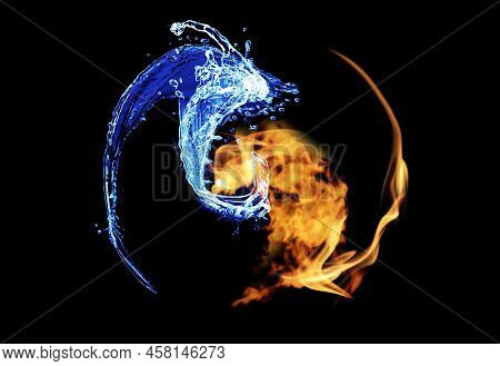 Fire Flames And Water Splashes Resembling Yin Yang Symbol On Black Background. Feng Shui Philosophy