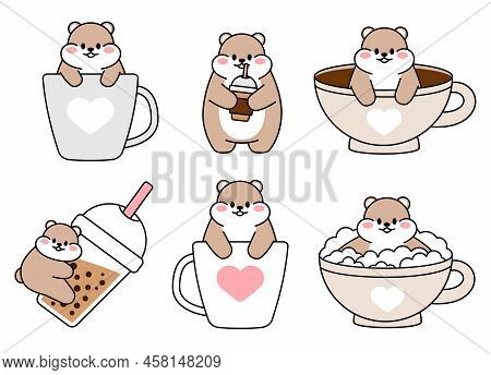 Set Of Cute Drawn Hamsters. Kawaii Hamster In A Big Mug Of Coffee Tea. Collection Of Avatars Mascots
