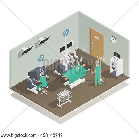 Modern And Future Medical Technologies Isometric Composition With Advanced Robotic Surgeons Assistin