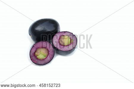 Closeup Of Malabar Plum Or Syzygium Cumini Isolated On White Background With Copy Space, Also Known 