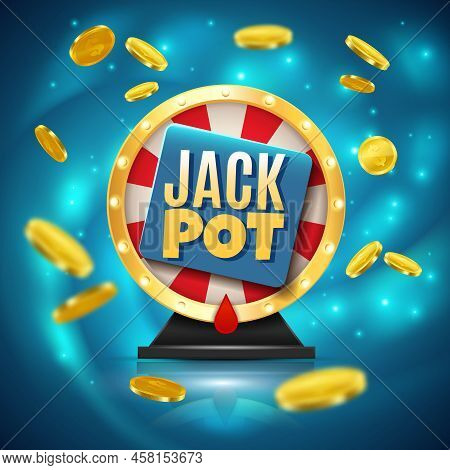 Jackpot On Fortune Wheel Realistic Blue Sparkling Background With Golden Glossy Coins 3d Vector Illu