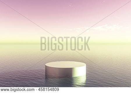 Platform And Beauty Natural Podium On The Dreammy Lake With Pink Sky,  Backdrop For Product Display.