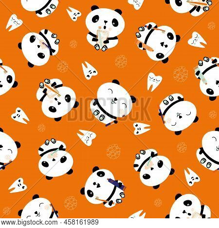 Kawaii Panda Kids Dental Health Care Vector Educational Seamless Pattern Background. Cute Cartoon Be
