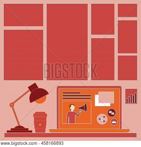 Laptop Resting On A Table Beside Coffee Mug And Desk Lamp Showing Work Process. Minicomputer Sitted 