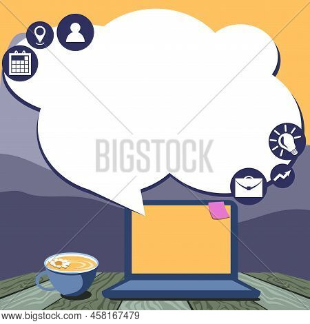 Laptop Resting On A Table Beside Coffee Mug And Plant Showing Work Process. Minicomputer Sitted Top 