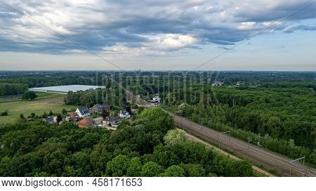 Duffel, Antwerp, Belgium, May 18th, 2022, Empty Railroad Running Over A Bridge On The River The Nete