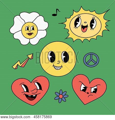 Emoji Retro 70s Collection Set. Abstract Patches Collection. Cool Trendy Smile Happy Stickers Vector