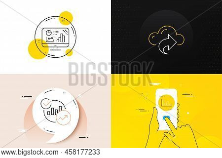 Minimal Set Of Analytics Graph, Histogram And Cloud Share Line Icons. Phone Screen, Quote Banners. S