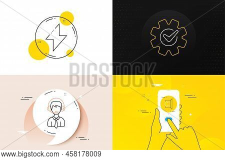 Minimal Set Of Shipping Support, Cogwheel And Energy Line Icons. Phone Screen, Quote Banners. Sign O