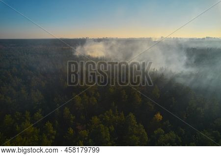 Burning Forest With Fire And Smoke. Aerial Top View From Drone